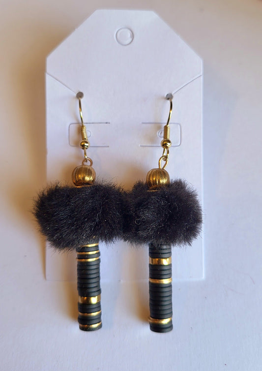 Furry Black and Gold Dangle Earrings